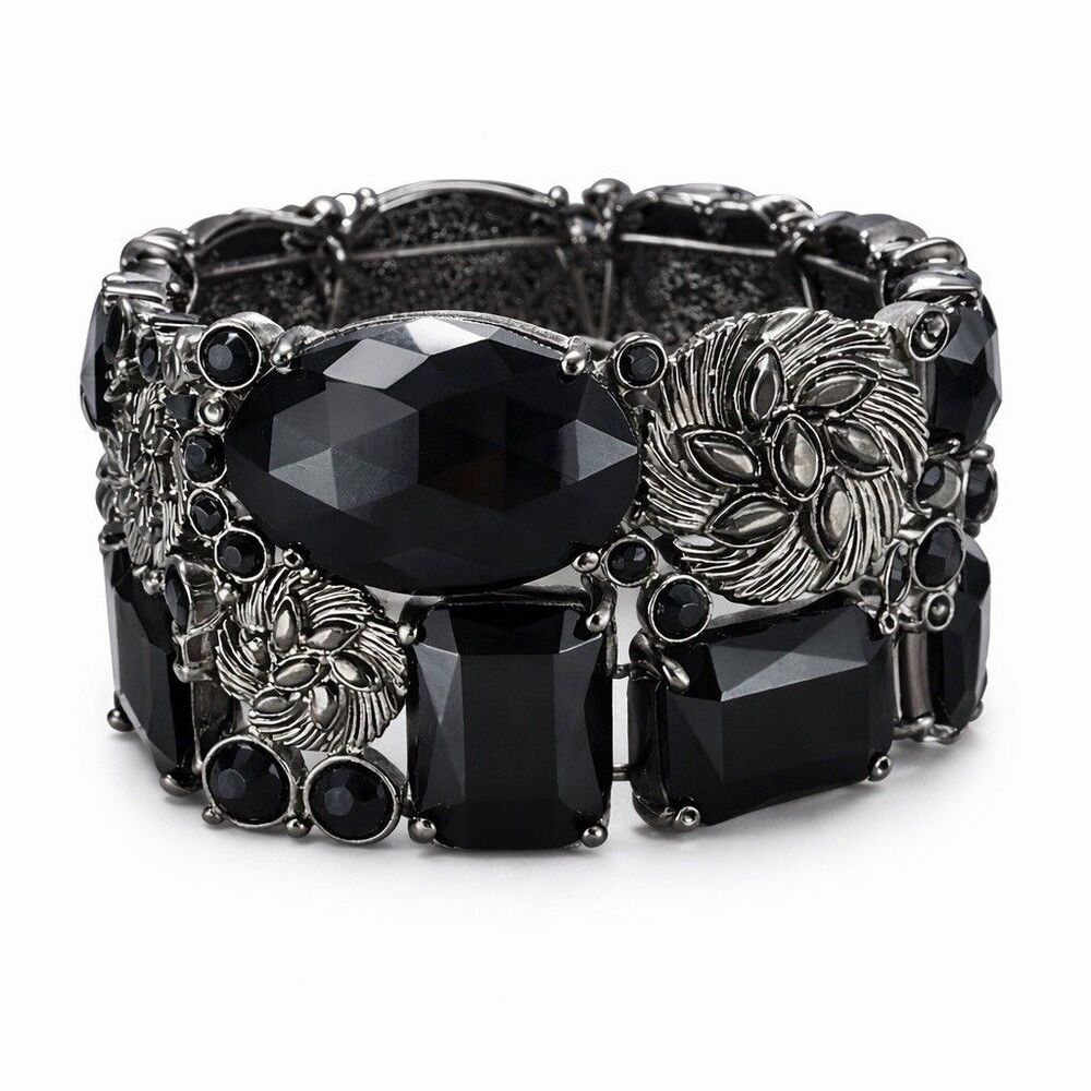 Black Rhinestone Stretch Bracelet Gunmetal Floral Statement Gothic Glam Chunky